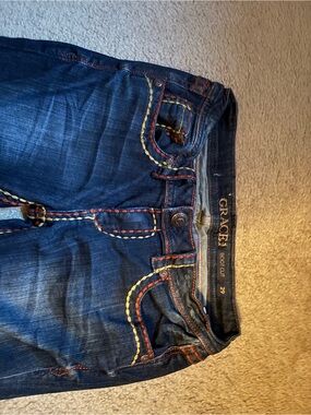 Grace Bootcut Jeans in Dark Blue with Orange and Yellow Stitching